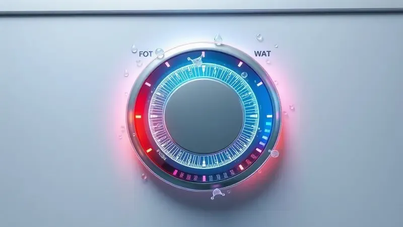 Interface conceitual de controle de temperatura mostrando ajustes para água quente, morna e fria na lavagem