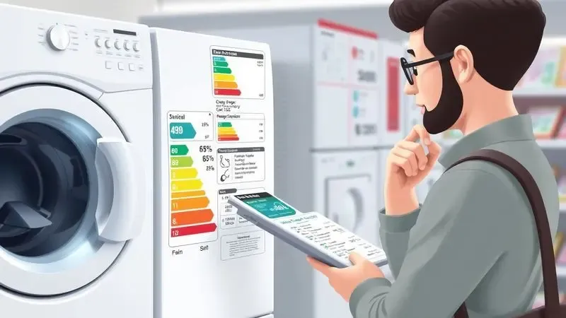 Consumidor analisando etiquetas de eficiência energética e especificações técnicas de lava e seca.