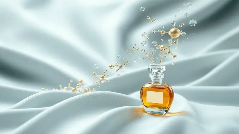 Ilustração 3D conceitual mostrando a duração do perfume nas roupas com liberação gradual das moléculas de aroma