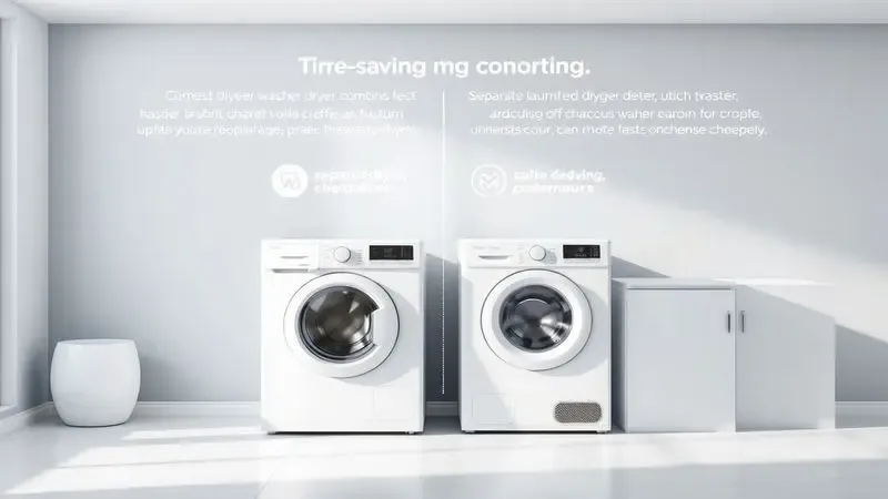 Ilustração conceitual comparando a eficiência de lava e seca combinadas versus unidades separadas em área de lavanderia