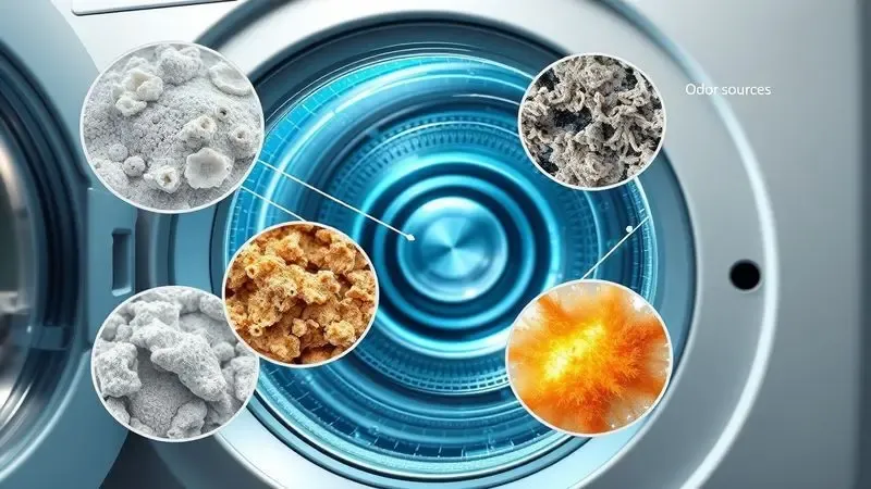 Visão conceitual de acúmulo de resíduos e proliferação bacteriana dentro da máquina de lavar