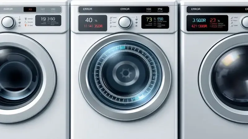 Painéis de controle ilustrativos mostrando códigos de erro genéricos em lava e seca para diferentes marcas, visualização técnica.
