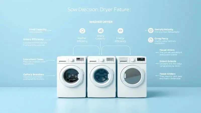 Ilustração conceitual mostrando fatores importantes para escolher lava e seca ideal, incluindo capacidade e eficiência energética