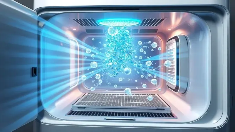 Diagrama ilustrativo do processo de purificação de ar e limpeza a seco com fluxos de ar e remoção de partículas