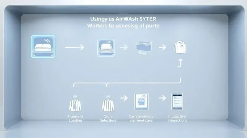 Ilustração passo a passo do uso correto do sistema Air Wash com carregamento e seleção de ciclos