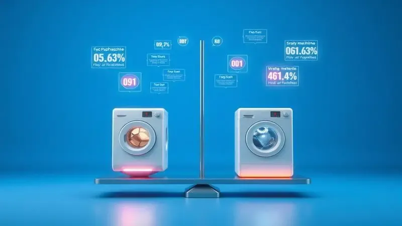 Ilustração conceitual de gráfico comparativo entre diferentes tipos de máquinas de lavar com métricas visuais
