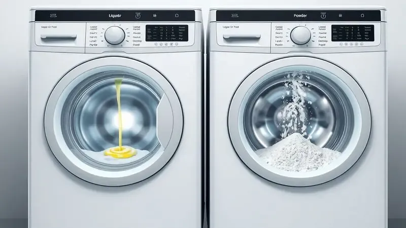 Ilustração conceitual mostrando a aplicação de sabão líquido e em pó em diferentes máquinas de lavar, comparando métodos de uso