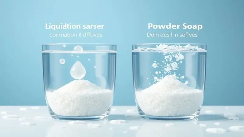 Ilustração 3D comparativa entre sabão líquido e em pó para máquinas automáticas com representação visual da dissolução.