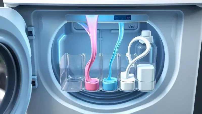 Ilustração do dispenser de lava e seca mostrando compartimentos separados para sabão líquido, amaciante e alvejante