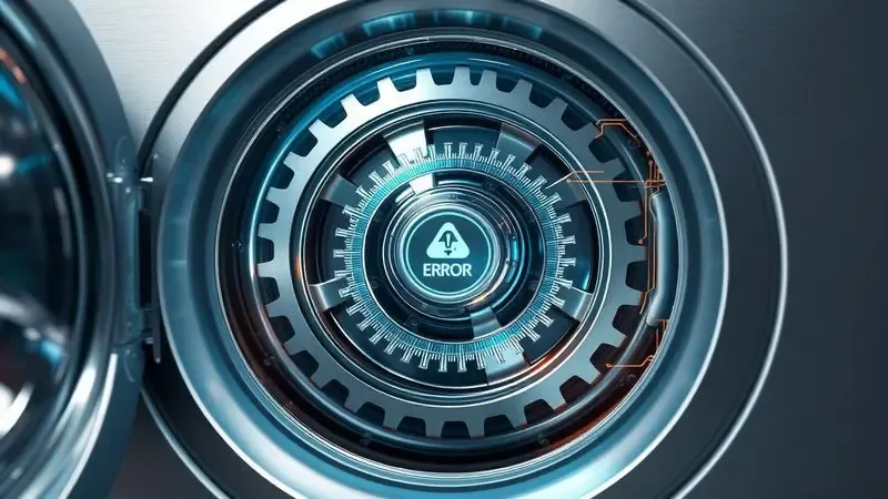Visualização conceitual de componentes mecânicos e circuitos eletrônicos de máquinas de lavar com símbolos de erro