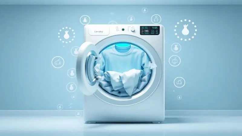 Ilustração conceitual de avaliação de eficiência e valor de máquina lava e seca em cena moderna de lavanderia