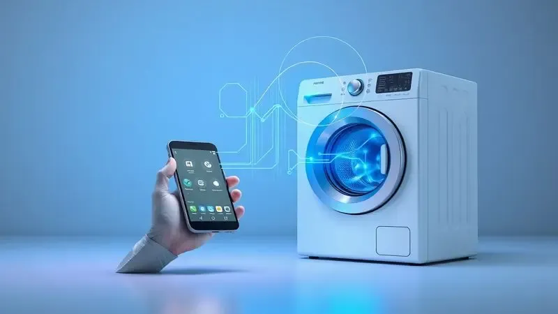 Conceito de conectividade IoT entre smartphone e eletrodomésticos em casa inteligente