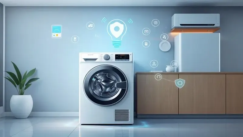 Conexão via aplicativo e tecnologia inverter em máquina lava e seca, ilustração digital