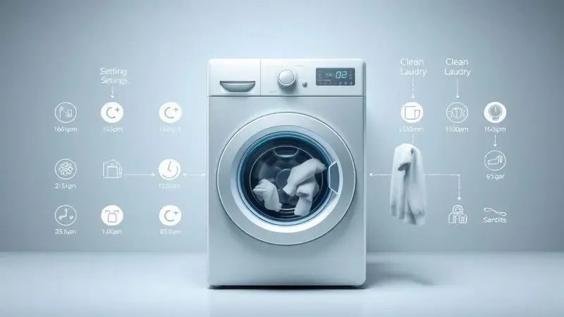 Diagrama conceitual ilustrando como configurações da máquina de lavar influenciam nos resultados da limpeza das roupas