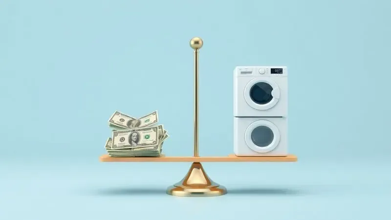 Conceito de balança mostrando custo-benefício entre dinheiro e máquinas de lavar, ilustração minimalista