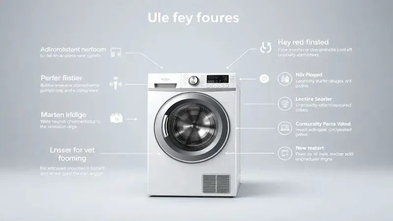 Principais características e funções de uma máquina lava e seca em ilustração conceitual