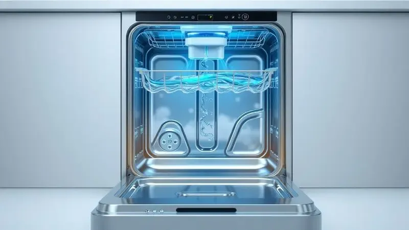 Ilustração conceitual de detecção de vazamento de água em máquina de lavar louça por sensores eletrônicos