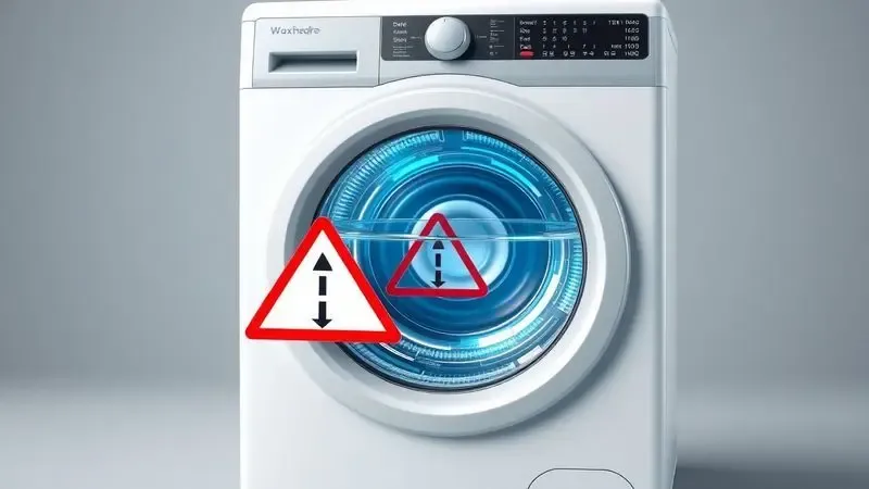 Diagrama conceitual 3D de máquina de lavar mostrando fluxo de água bloqueado na drenagem com símbolo de alerta