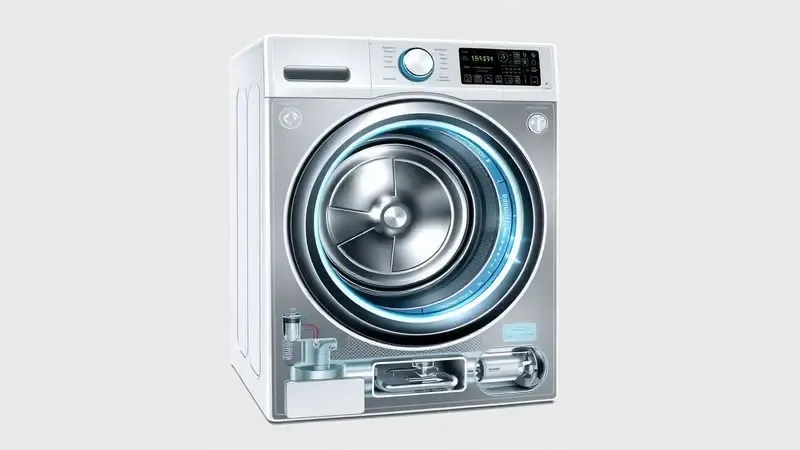 Diagrama ilustrativo do funcionamento interno de uma máquina lava e seca em corte transversal