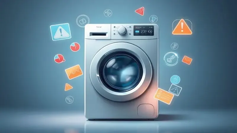Ilustração conceitual de diagnóstico e solução de problemas em calibração de máquina de lavar