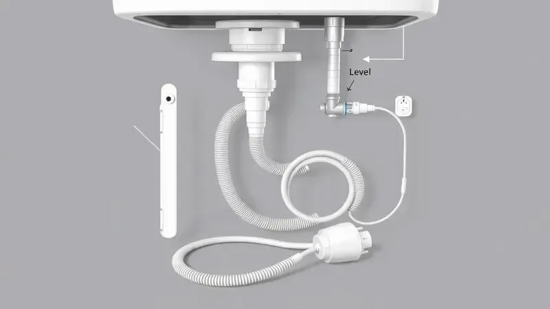 Ilustração técnica de ferramentas e conexões para instalação de lava e seca
