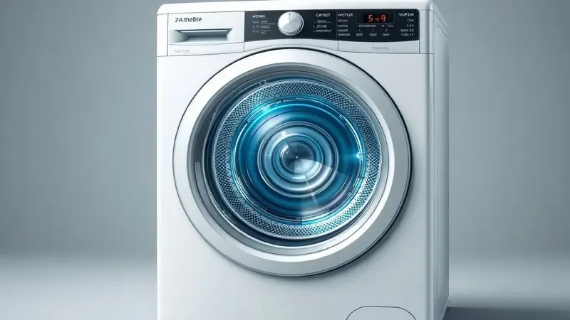 Ilustração artística do funcionamento interno de uma máquina lava e seca em corte transversal