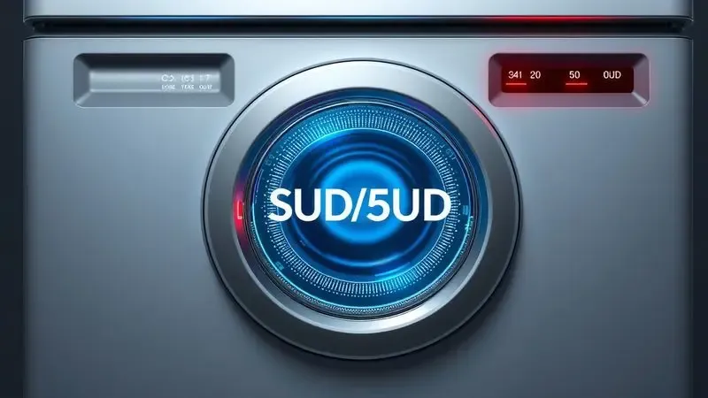 Ilustração conceitual de painel de lavadora mostrando códigos de erro como SUD/5UD para diagnóstico técnico