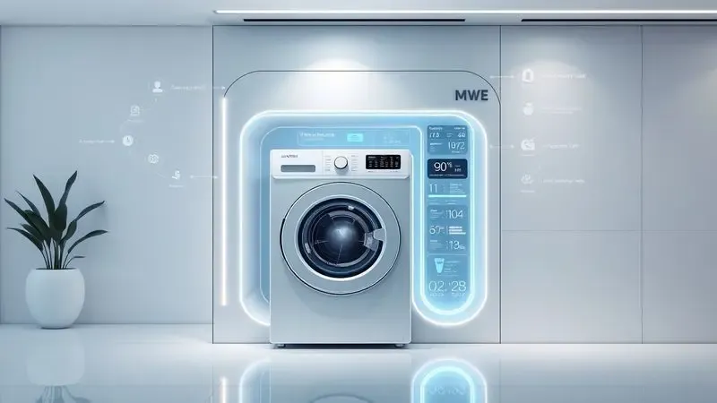 Ilustração conceitual de lavanderia futurística com eletrodoméstico inteligente integrado em ambiente doméstico conectado.