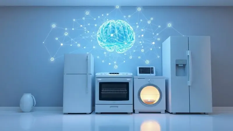 Ilustração conceitual de inteligência artificial e conectividade smart em aparelhos domésticos com padrões de rede neural