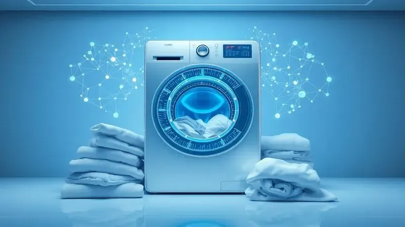 Ilustração conceitual de inteligência artificial aplicada à lavanderia moderna com elementos digitais futuristas