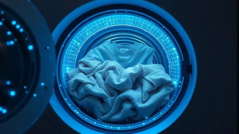 Ilustração de inteligência artificial otimizando ciclos de lavagem com padrões de rede neural e efeitos luminosos