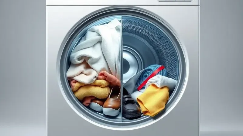 Máquina de lavar conceitual mostrando itens permitidos e proibidos para lavagem