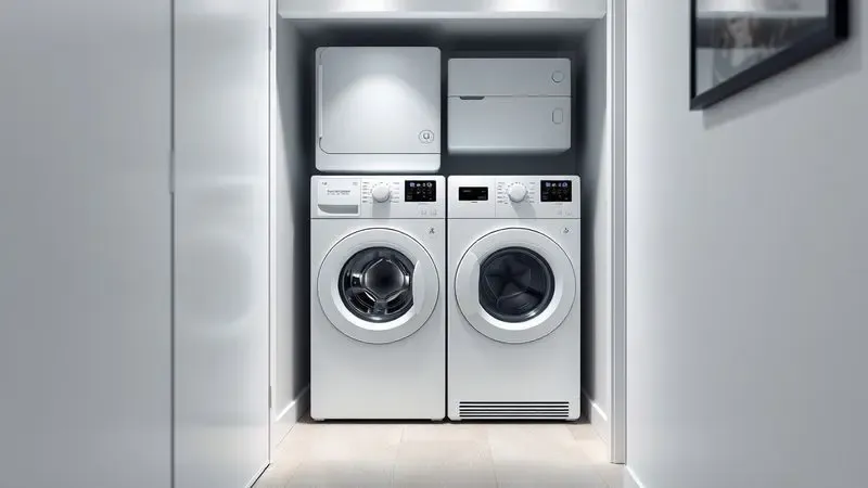 Ilustração conceitual de máquina lava e seca integrada em espaço compacto de apartamento