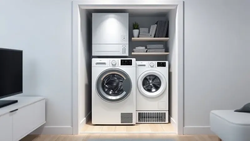 Ilustração de máquina lava e seca integrada em lavanderia compacta de apartamento pequeno