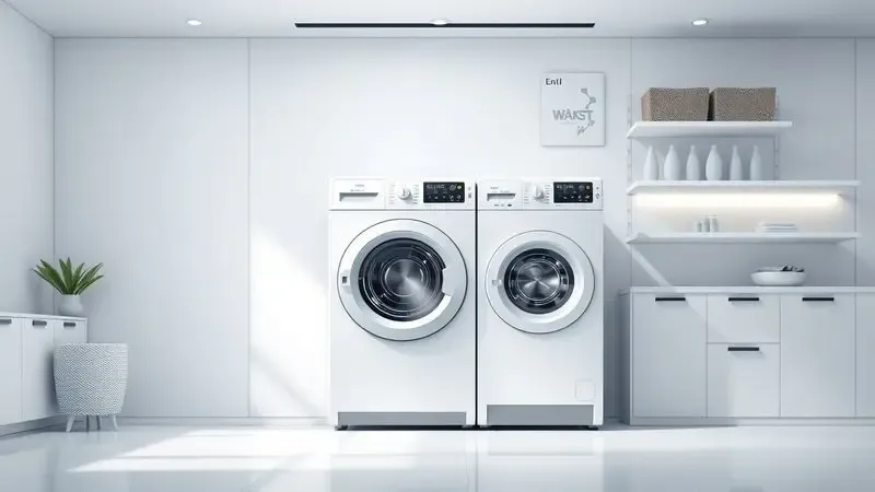 Conceito ilustrativo de lavanderia moderna com máquina de lavar e secar integrada para otimização de espaço