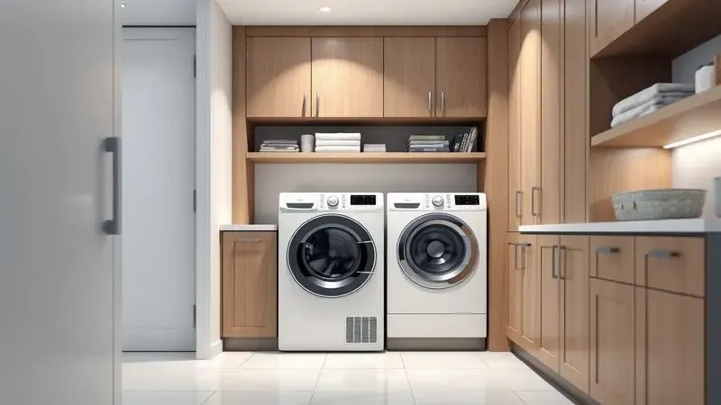 Ilustração de lavanderia moderna com máquina lava e seca integrada em mobília branca