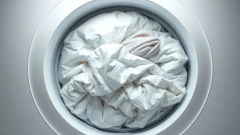 Ilustração conceitual mostrando técnica adequada para lavar edredons e cobertores volumosos com segurança na máquina lava e seca