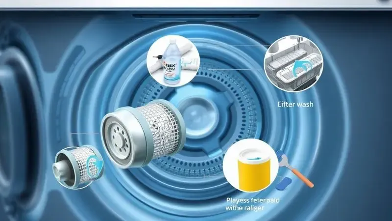 Ilustração educacional mostrando processo de limpeza e manutenção dos filtros de máquina de lavar