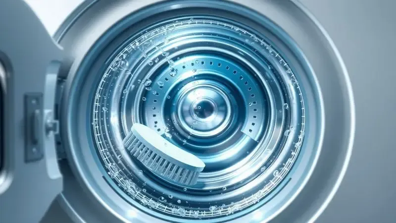 Ilustração conceitual 3D mostrando limpeza interna do tambor da máquina de lavar com jatos de água e escova