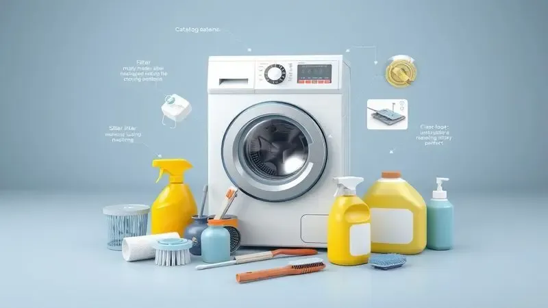 Ilustração de ferramentas e produtos para manutenção e limpeza de máquinas lava e seca