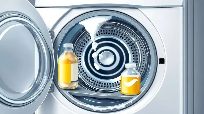 Visão em corte de máquina de lavar sendo higienizada com produtos naturais como vinagre