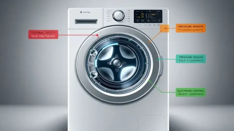 Diagrama ilustrativo do mecanismo de segurança da porta de lava e seca com destaque para componentes principais.