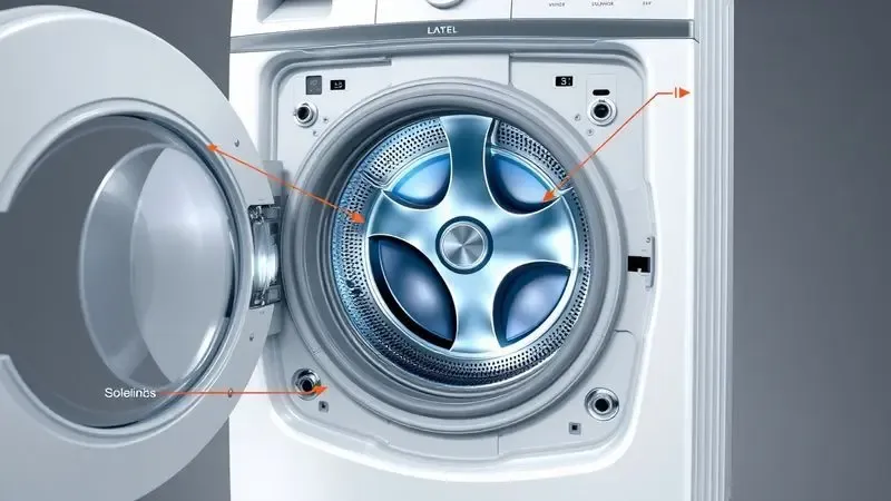 Ilustração técnica do mecanismo de segurança da porta de máquina de lavar em visão em corte