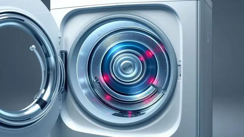 Mecanismo de travamento automático de porta de lava e seca em visualização conceitual 3D.