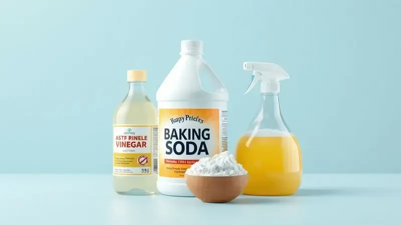 Ilustração conceitual dos ingredientes naturais para limpeza: vinagre, bicarbonato e água sanitária