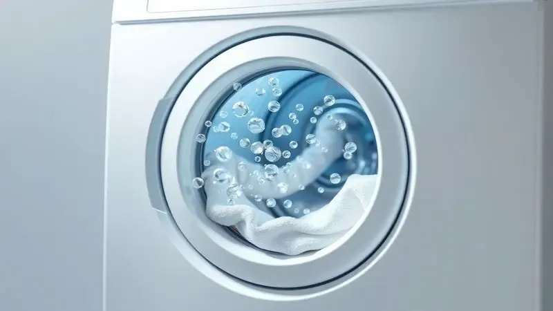 Ilustração conceitual mostrando moléculas de odor sendo eliminadas das fibras durante a lavagem