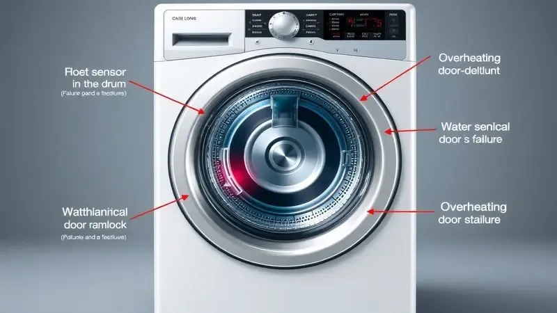 Ilustração conceitual dos principais motivos que causam o travamento da porta de máquina de lavar e secar