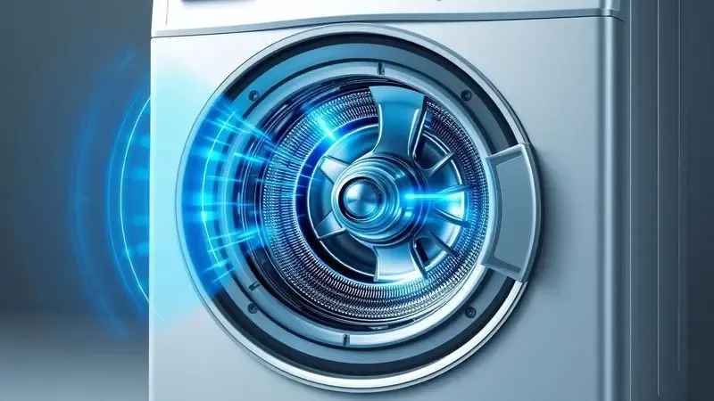 Ilustração conceitual de motor digital inverter com visualização de economia energética e redução de ruído