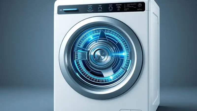 Render 3D realista do mecanismo do motor inverter de uma máquina de lavar, mostrando componentes e eficiência energética em cores azul e prata