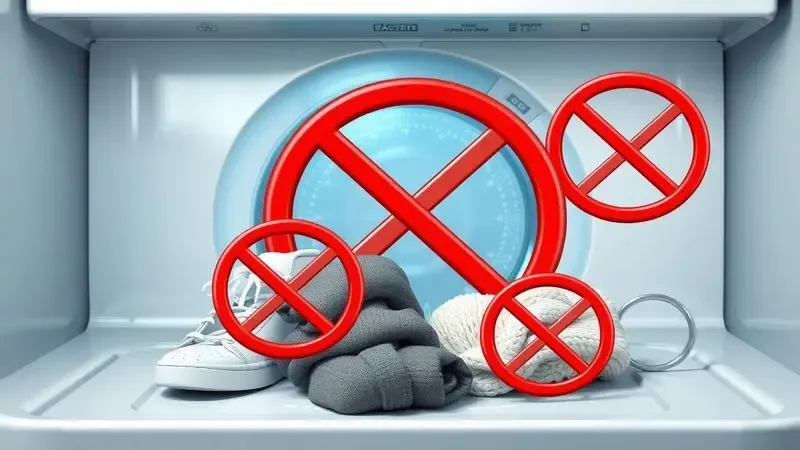 Ilustração educativa mostrando itens que não devem ser colocados na máquina lava e seca